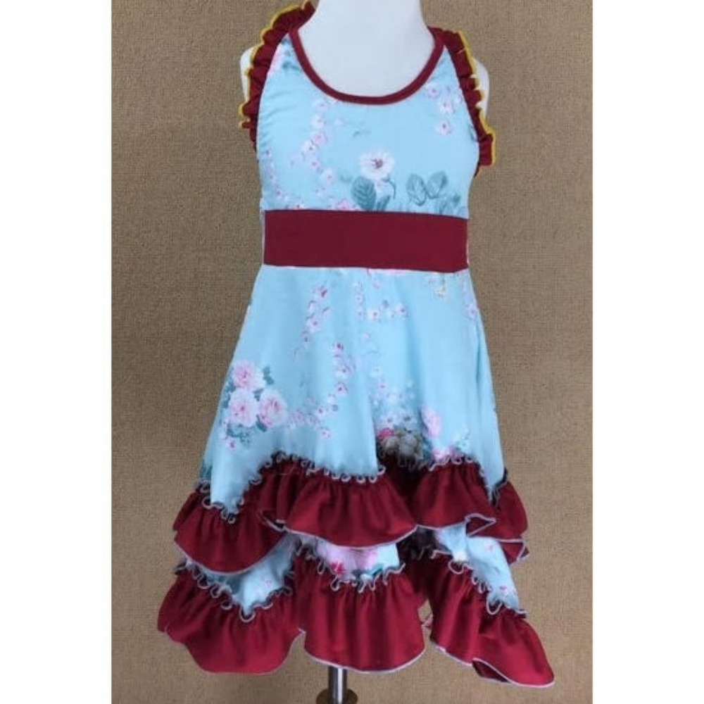 Boutique Floral Girls Blue Ruffle Dress